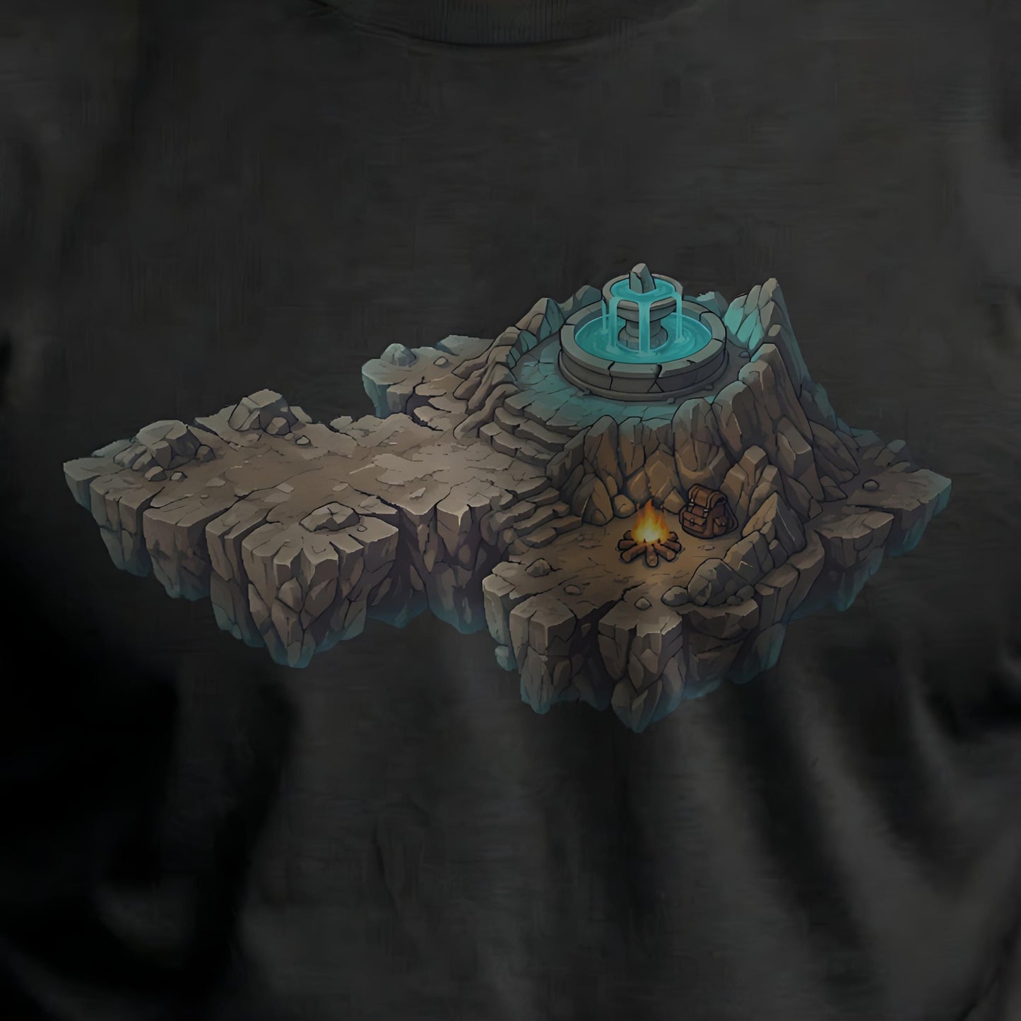 Close-up of the Save Point Tee graphic featuring a fantasy save point map on a black men’s t-shirt