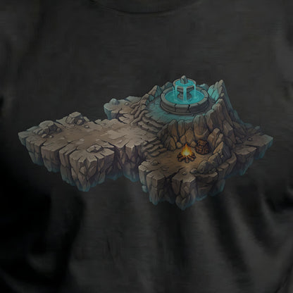 Close-up of the Save Point Tee graphic featuring a fantasy save point map on a black men’s t-shirt