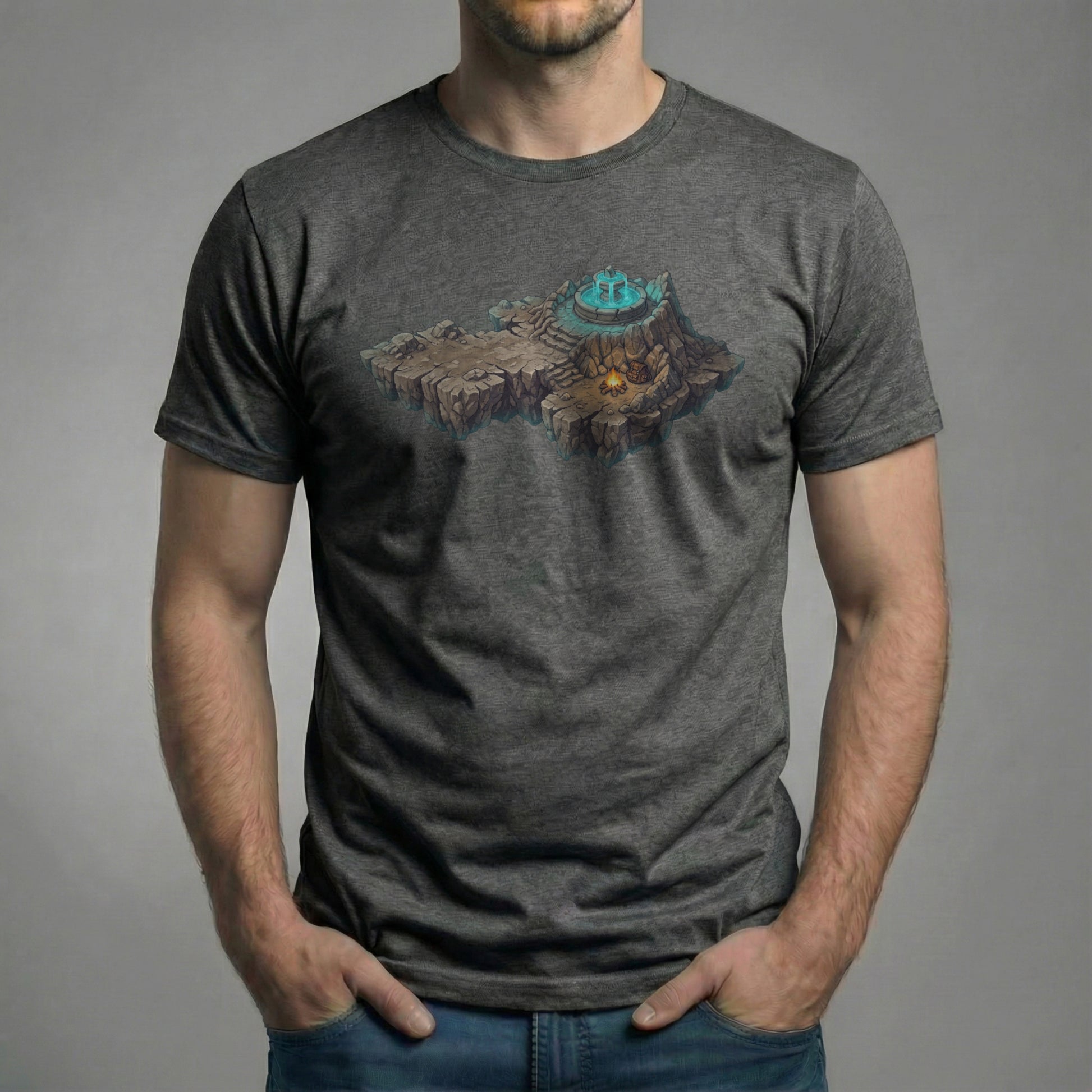 Male model wearing the Save Point Tee on a dark heather grey Bella + Canvas 3001 shirt