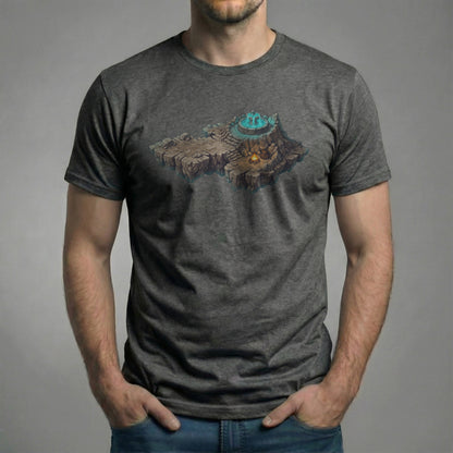 Male model wearing the Save Point Tee on a dark heather grey Bella + Canvas 3001 shirt