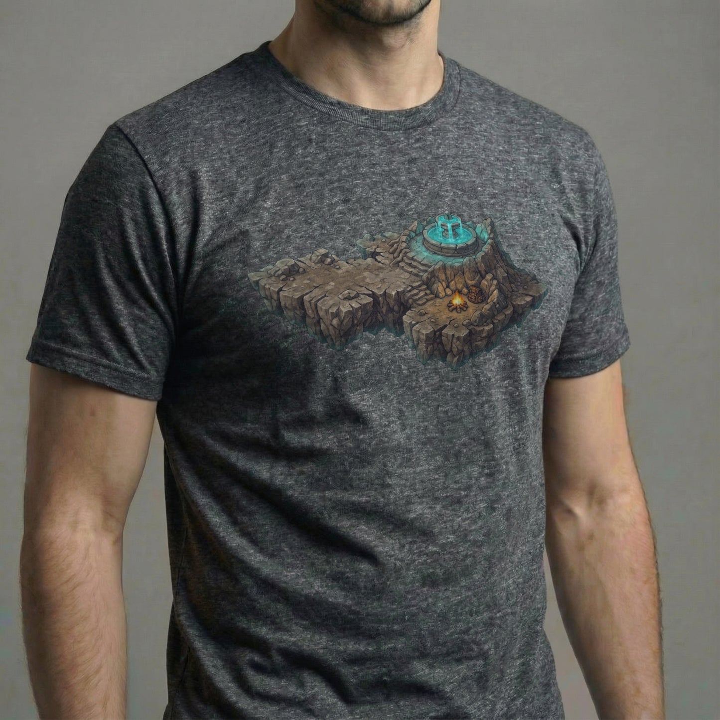 Side view of a male model wearing the Save Point Tee on a dark heather grey shirt