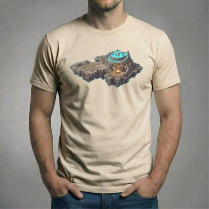 Male model wearing the Save Point Tee on a natural colored Bella + Canvas 3001 shirt