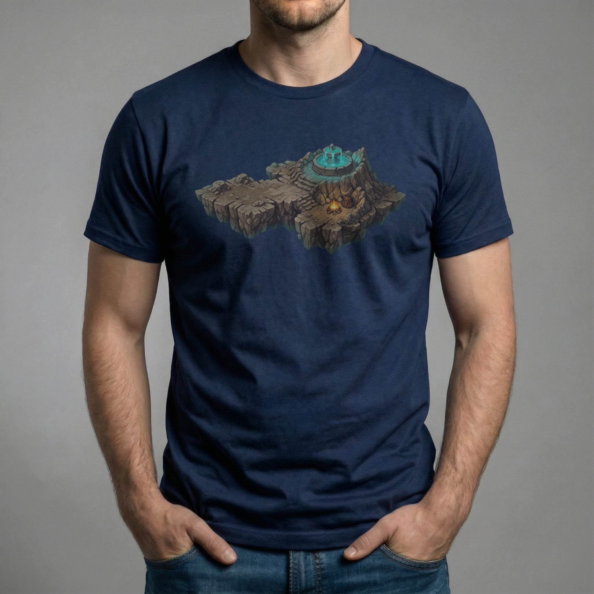 Male model wearing the Save Point Tee on a navy Bella + Canvas 3001 shirt