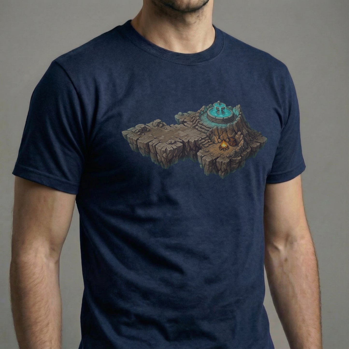 Side view of a male model wearing the Save Point Tee on a navy shirt