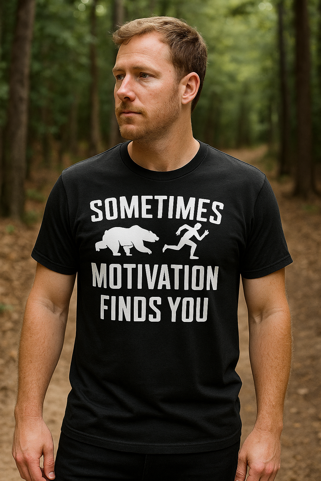 Man wearing Sometimes Motivation Finds You shirt in realistic setting