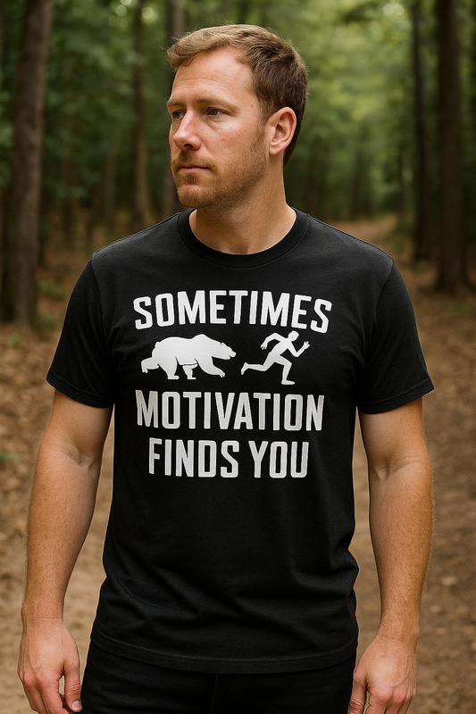 Man wearing Sometimes Motivation Finds You shirt in realistic setting