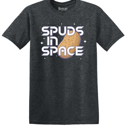 Flat lay of Spuds in Space design on dark heather t-shirt