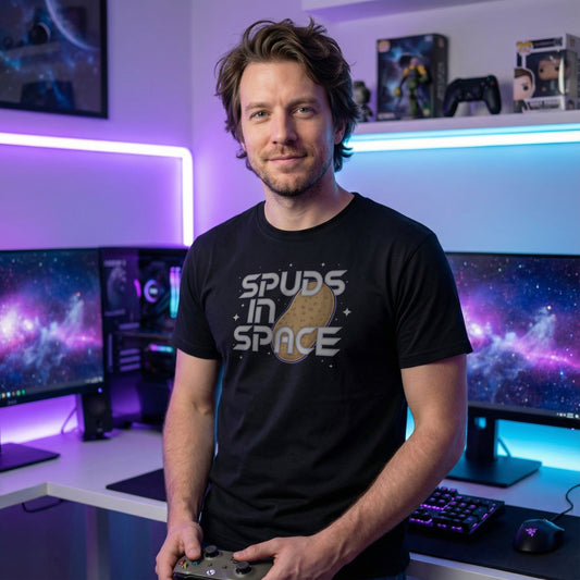 man in gaming setup wearing a black “Spuds in Space” t-shirt holding a controller