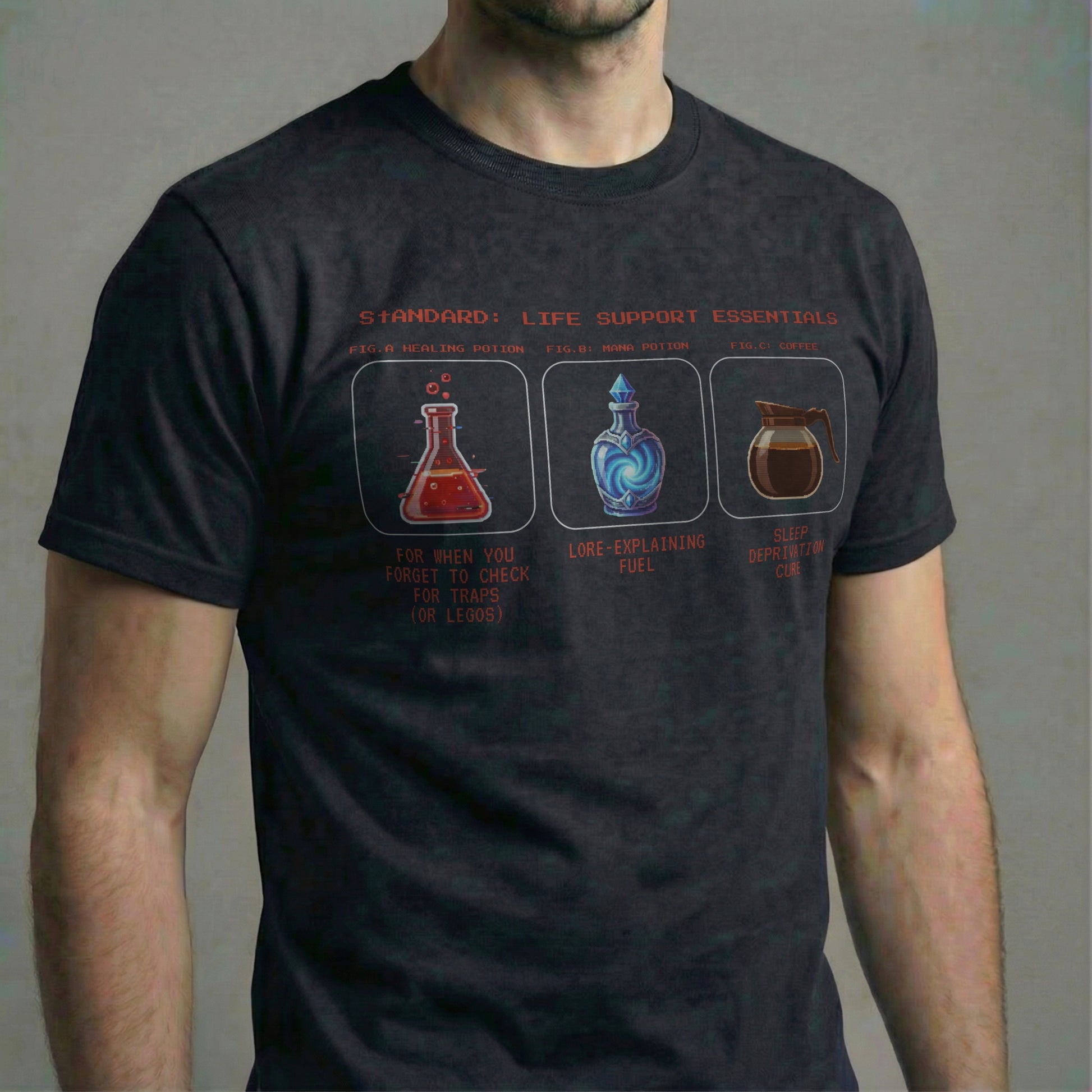 Standard Issue Life Support Essentials pixel art t-shirt on black