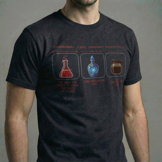 Standard Issue Life Support Essentials pixel art t-shirt on black