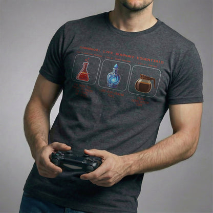 Standard Issue Life Support Essentials pixel art t-shirt on dark heather