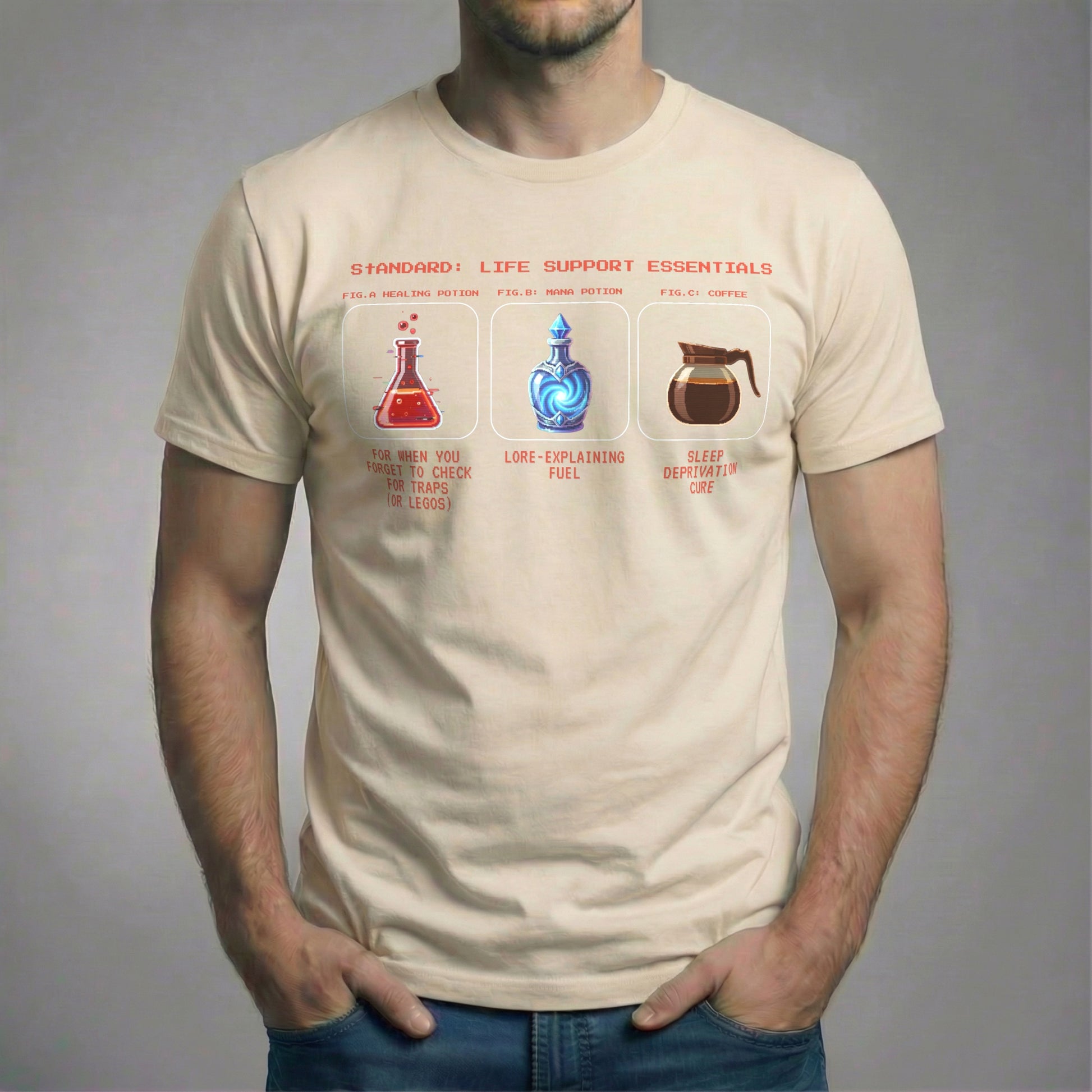 Standard Issue Life Support Essentials pixel art t-shirt on soft cream