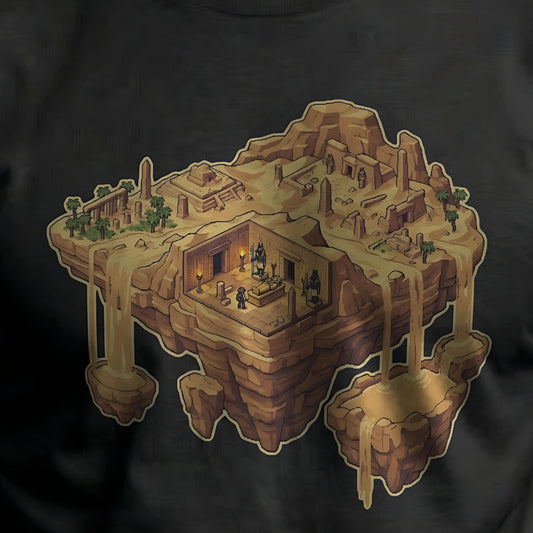 Close-up of Sunken Sanctum t-shirt artwork showing pixel-art textures and floating city details