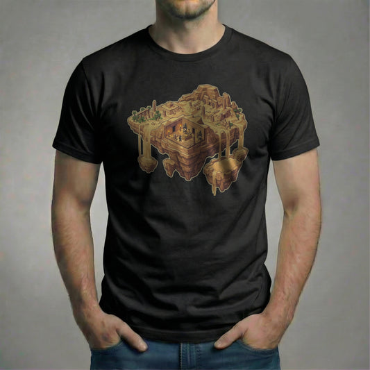 Sunken Sanctum t-shirt in black featuring a floating underground fantasy city in pixel-art style