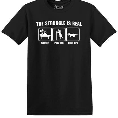 Flat lay of The Struggle Is Real design on black t-shirt