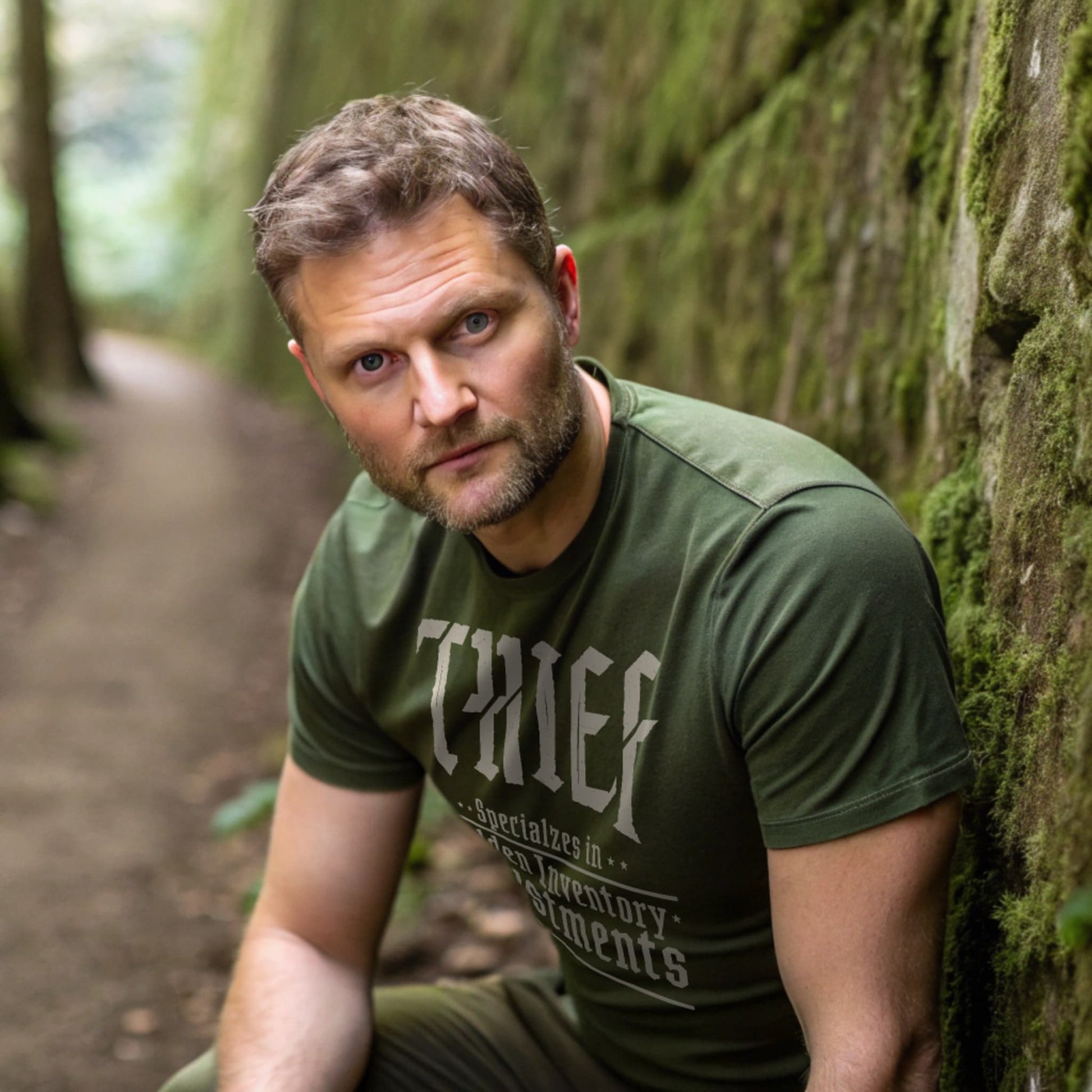 Man wearing Military Green Thief RPG T-Shirt outdoors on a mossy forest path