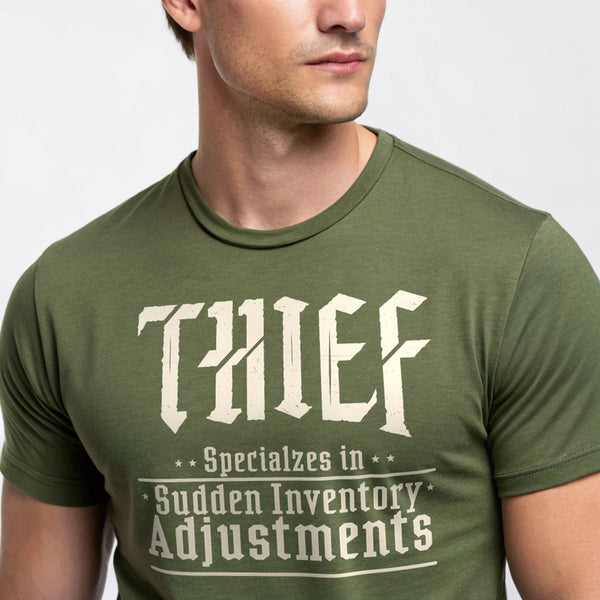 Military Green studio mockup of Thief: Sudden Inventory Adjustments T-Shirt on a male model, front view, plain crew neck