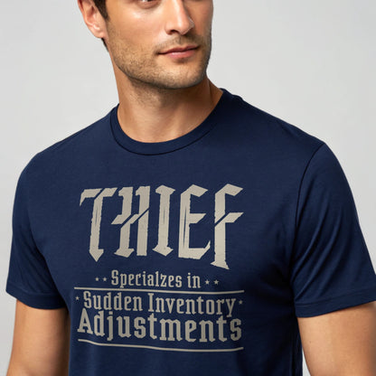 Navy studio mockup of Thief: Sudden Inventory Adjustments T-Shirt on a male model, front view, plain crew neck