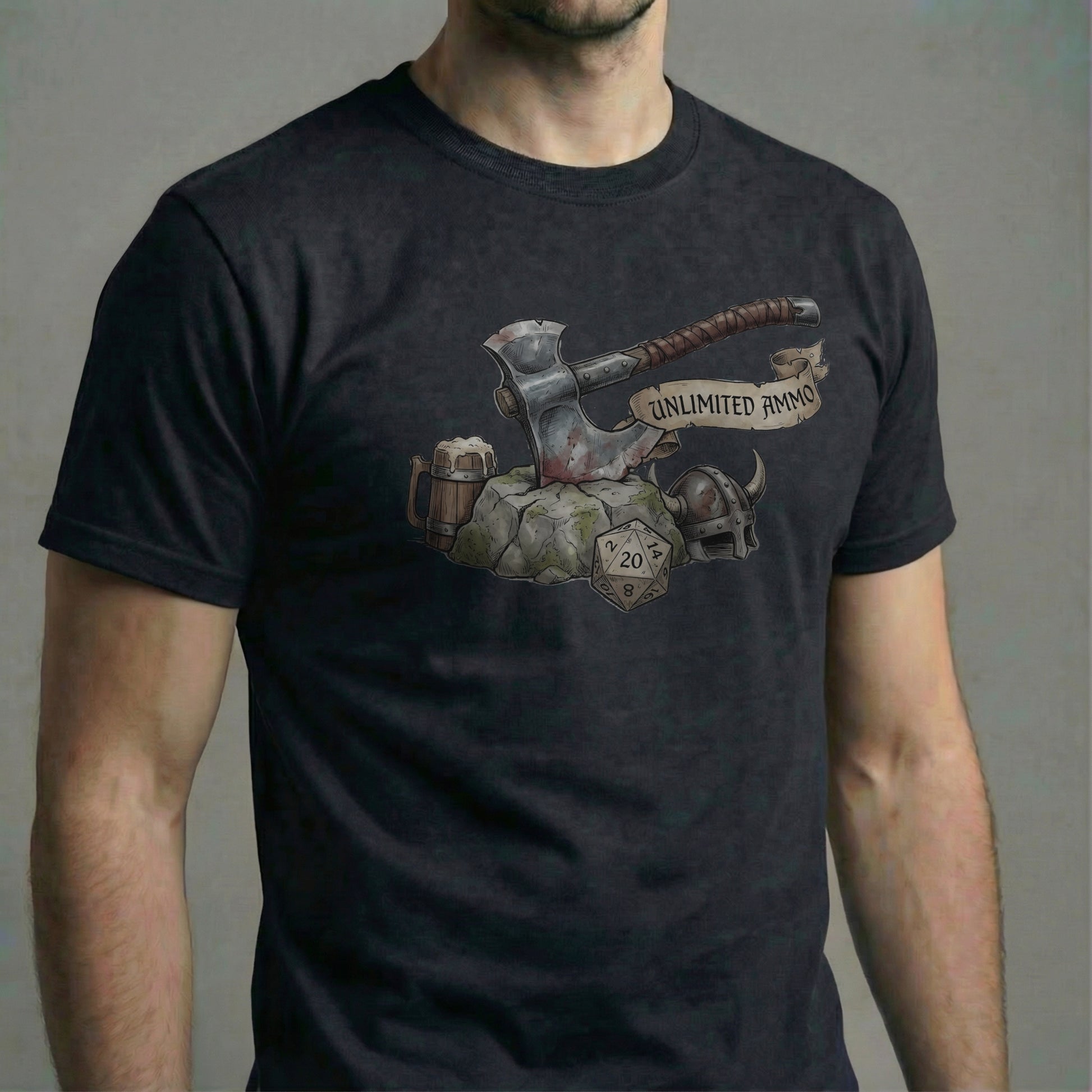 Black gaming t-shirt featuring an illustrated battle axe, dice, beer mug, and banner reading “Unlimited Ammo,” printed centered on the chest.