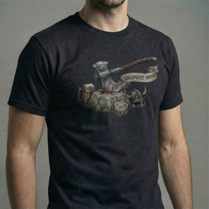 Black gaming t-shirt featuring an illustrated battle axe, dice, beer mug, and banner reading “Unlimited Ammo,” printed centered on the chest.