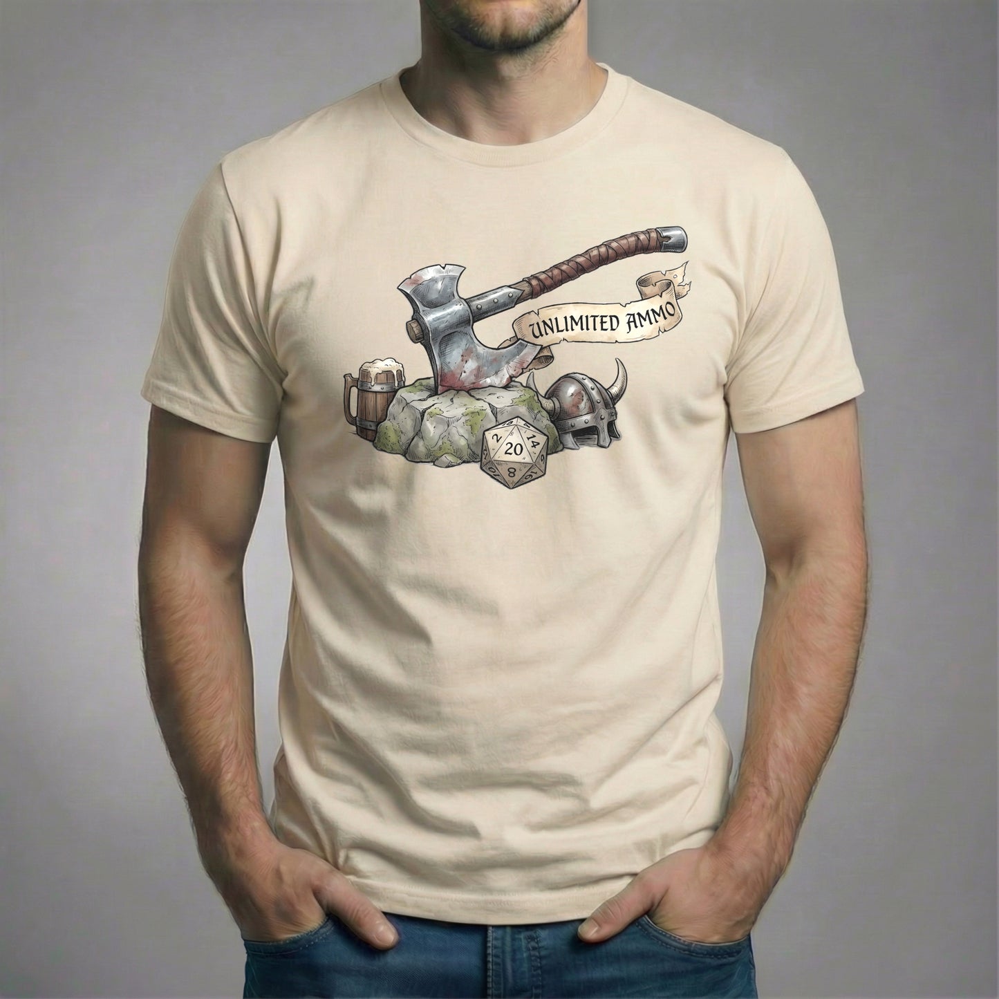 Cream retro gaming t-shirt with a detailed fantasy battle axe, D20 dice, helmet, and “Unlimited Ammo” banner, centered chest print.
