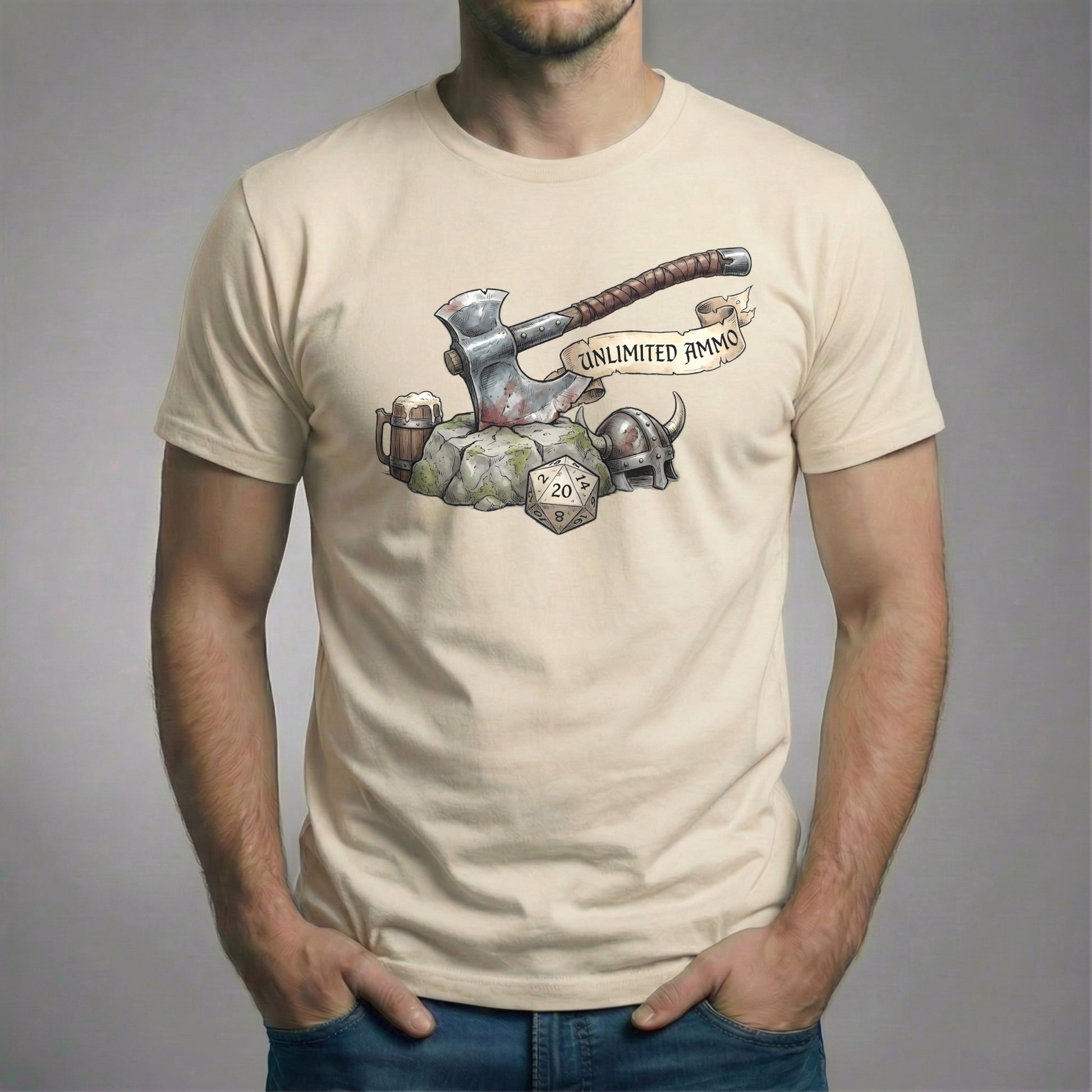 Cream retro gaming t-shirt with a detailed fantasy battle axe, D20 dice, helmet, and “Unlimited Ammo” banner, centered chest print.