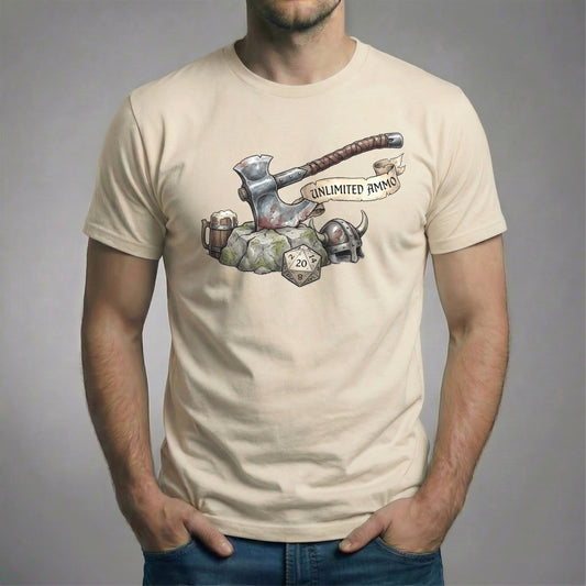 Cream retro gaming t-shirt with a detailed fantasy battle axe, D20 dice, helmet, and “Unlimited Ammo” banner, centered chest print.