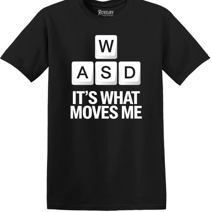 Flat-lay of WASD Moves T-Shirt in Black showing W A S D keycaps design.