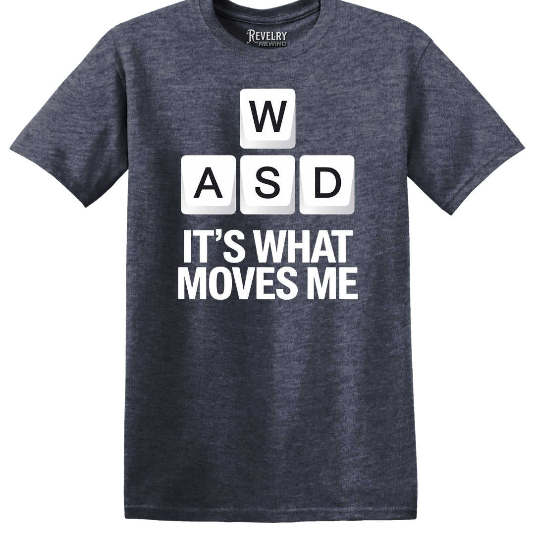 Flat-lay of WASD Moves T-Shirt in Heather Navy showing W A S D keycaps design.