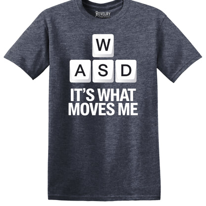 Flat-lay of WASD Moves T-Shirt in Heather Navy showing W A S D keycaps design.