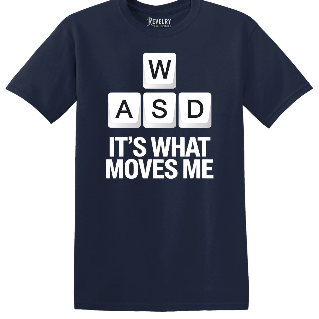 Flat-lay of WASD Moves T-Shirt in Navy showing W A S D keycaps design.