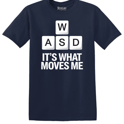 Flat-lay of WASD Moves T-Shirt in Navy showing W A S D keycaps design.