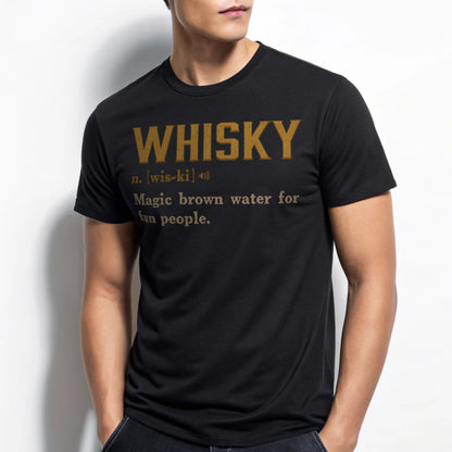 Studio mockup of Whisky Definition T-Shirt in Black showing ‘Whisky n. [wis-ki] Magic brown water for fun people’ design.