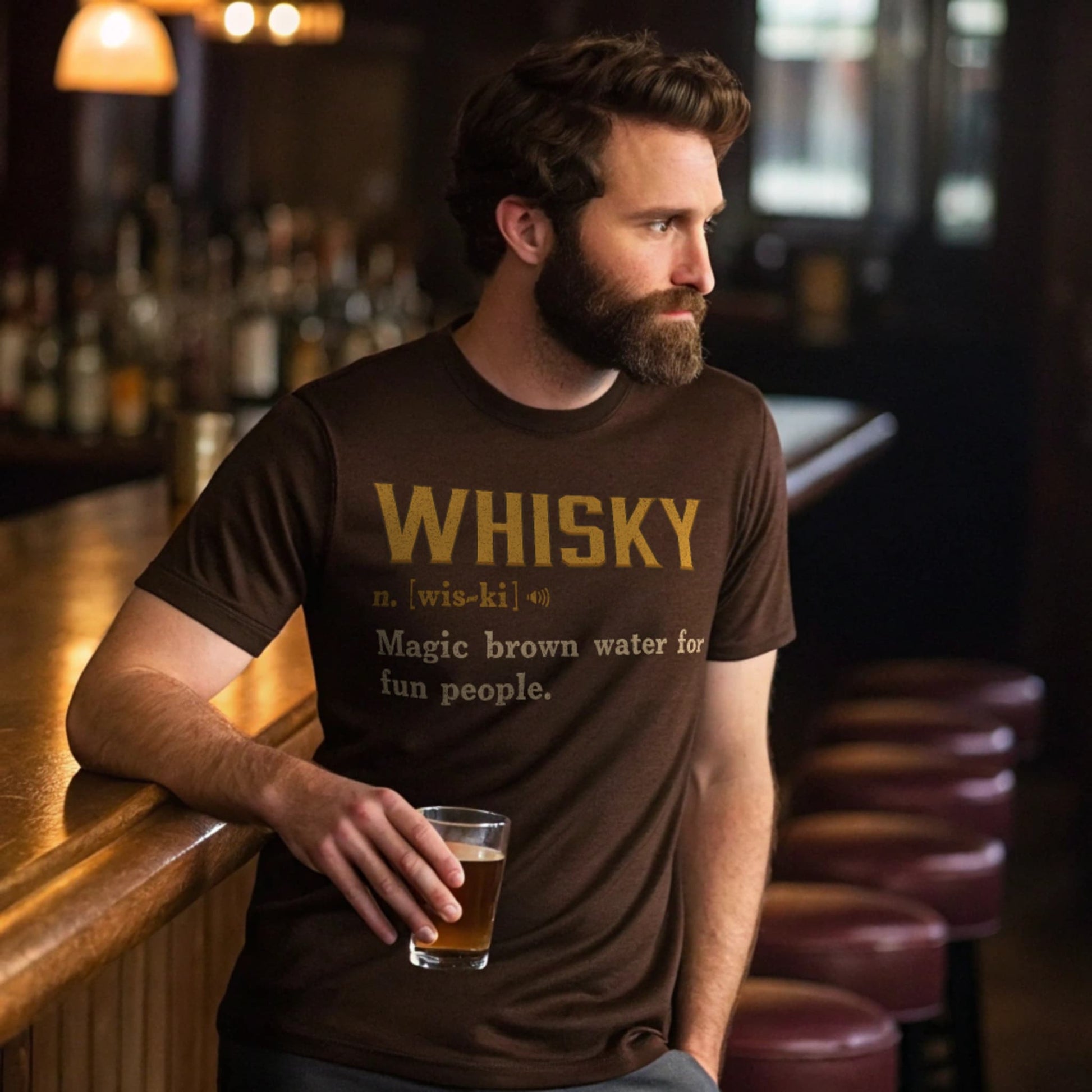 Lifestyle mockup of a man at a bar wearing the Dark Chocolate Whisky Definition T-Shirt, holding a glass of whisky.
