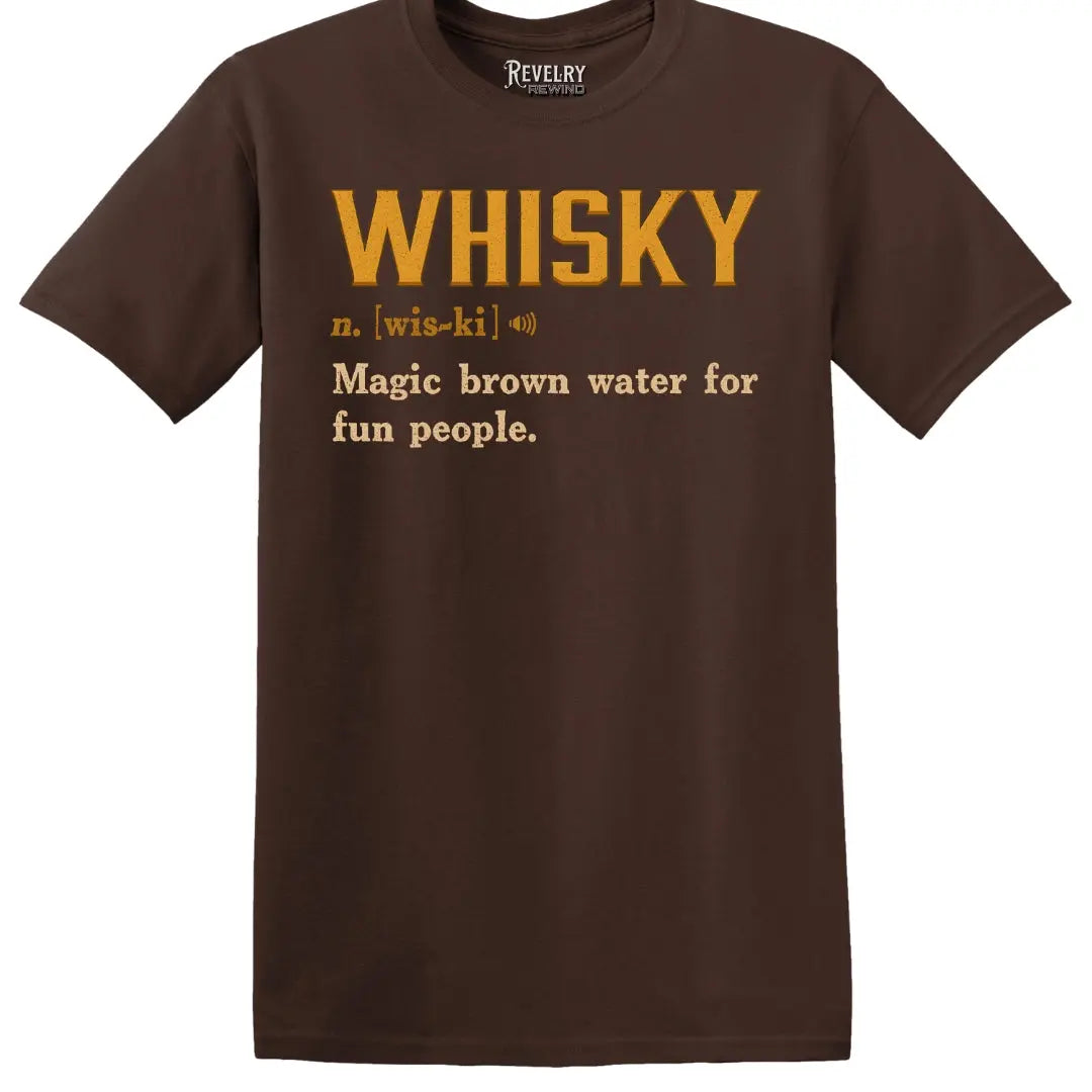 Flat-lay of Whisky Definition T-Shirt in Dark Chocolate showing the ‘Whisky n. [wis-ki] Magic brown water for fun people’ design.