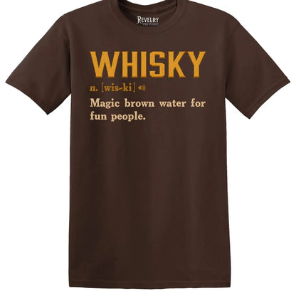 Flat-lay of Whisky Definition T-Shirt in Dark Chocolate showing the ‘Whisky n. [wis-ki] Magic brown water for fun people’ design.