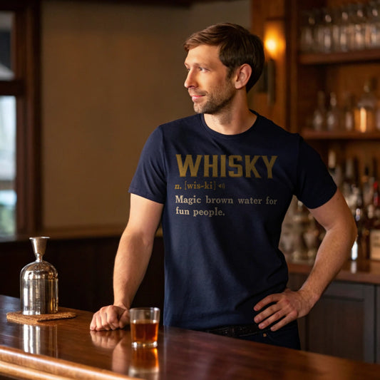 Lifestyle mockup of a man at a home bar wearing the Navy Whisky Definition T-Shirt, glass and decanter visible.