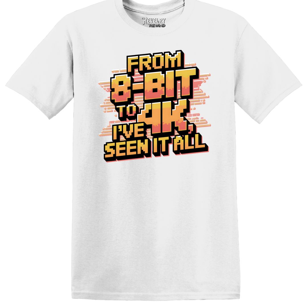 White t-shirt flatlay featuring retro gaming evolution design “From 8-Bit to 4K I’ve Seen It All”
