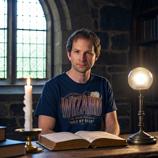 Hyper-realistic mockup of a 25–40-year-old man wearing a navy Wizard Beer T-Shirt seated at a wizard’s study desk with candlelight, spellbook, and stone-arched window.