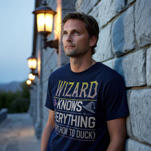 Hyper-realistic mockup of a 25–40-year-old man wearing a navy Wizard Knows T-Shirt leaning against a stone battlement at dusk with torch sconces.