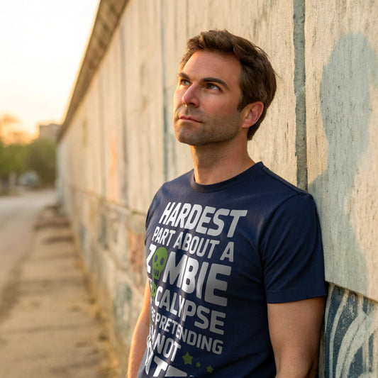 Hyper-realistic mockup of a 25–40-year-old man wearing a navy Zombie Hype T-Shirt leaning against a graffiti-covered concrete wall under late-afternoon light.